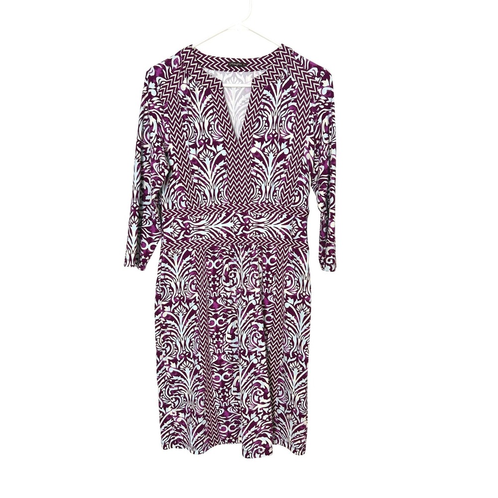 J.McLaughlin Dress M Purple Geometric Damask V-Neck 3/4 Sleeve Preppy AS IS